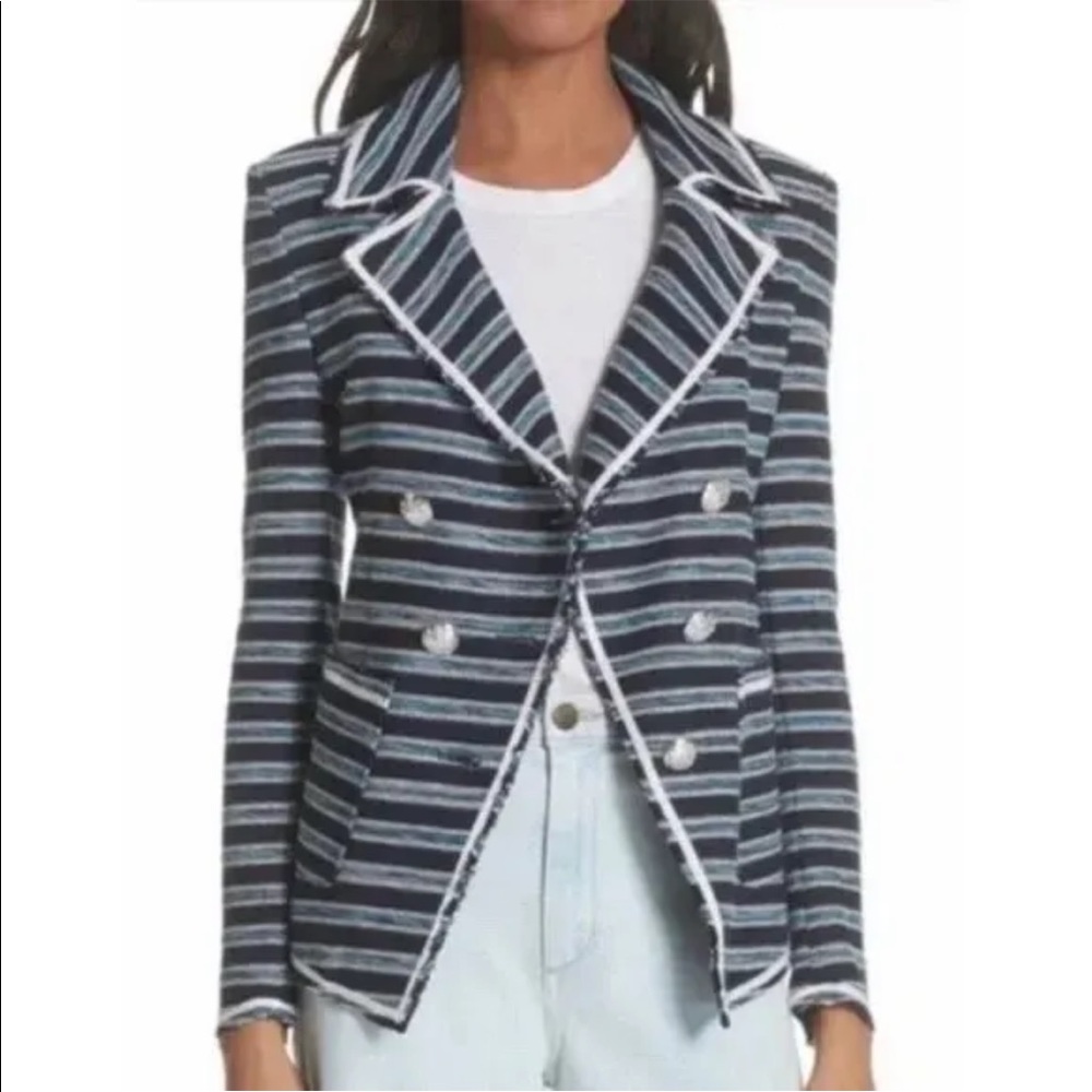 Veronica Beard Carroll Portrait-Neck Striped Tweed Double-Breasted Jacket 4 Blue